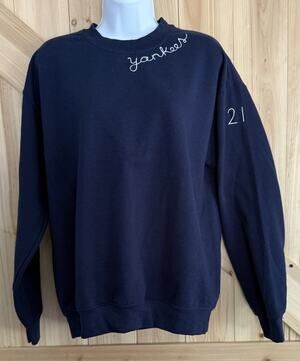 NY Yankees #21 Paul O’Neill Custom Hand Embroidered Bychep Blue Sweatshirt Sz L